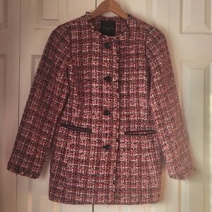Talbots Petite Tweed Blazer 2P Pink Black Leather Trim Pocket Classic
